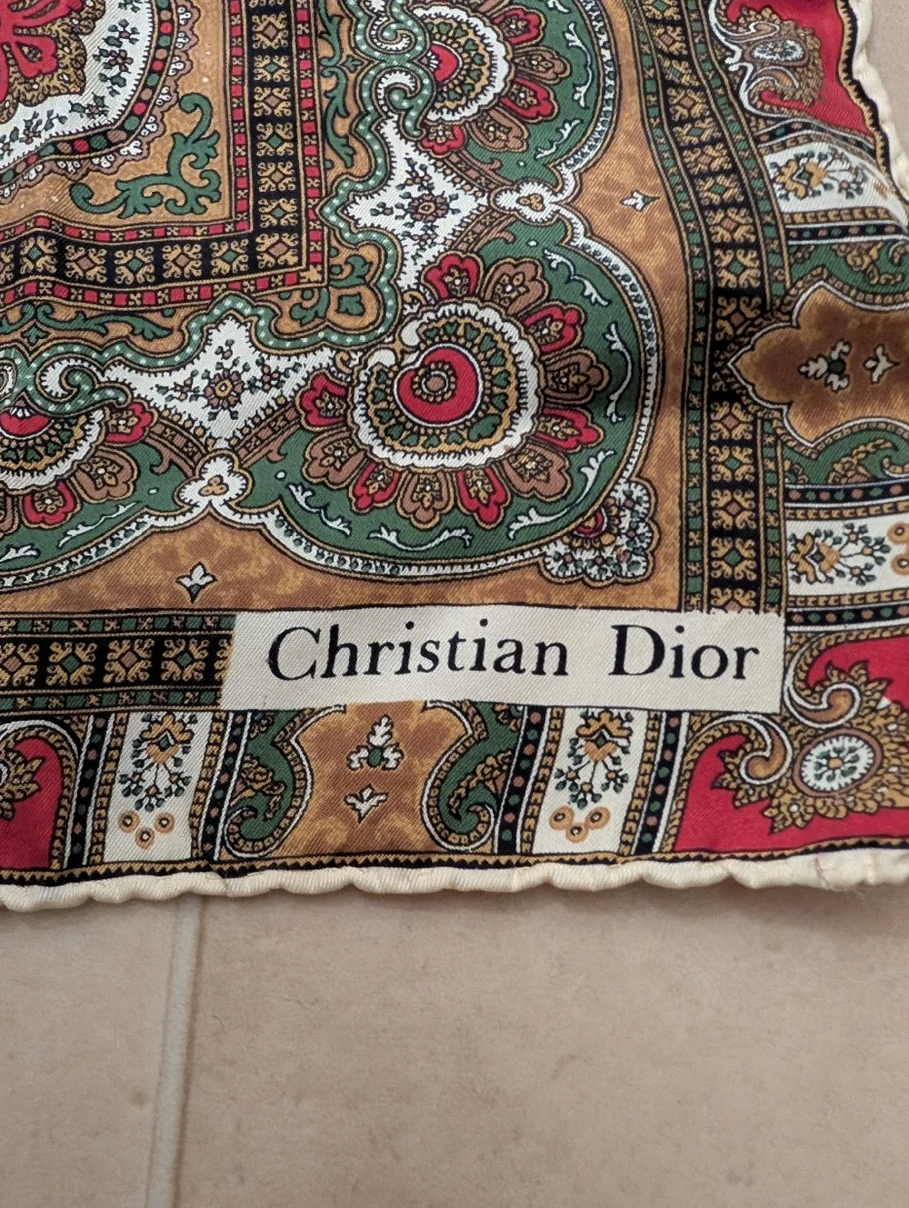 Vintage Silk Christian Dior Neck Scarf in Red, Green & Brown